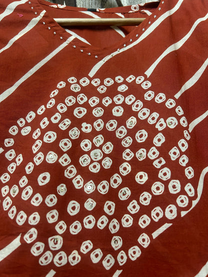 Red Lehariya Bandhani Kurti Set with Palazzo & Dupatta