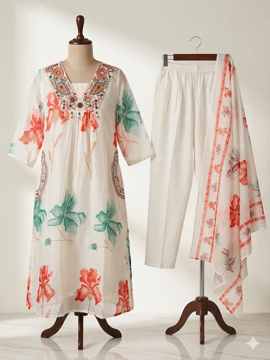 Ivory Bloom Mirror Work Embroidered 3-Piece Mulmul Cotton Kurta Set