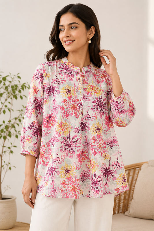 Bloom Burst Floral Short Kurti in Pure Cotton