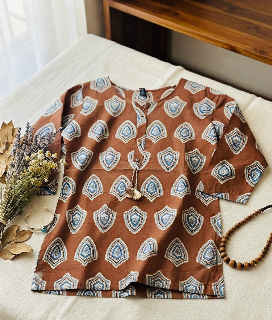Amber Shield Block Print Kurti with Tassel Tie
