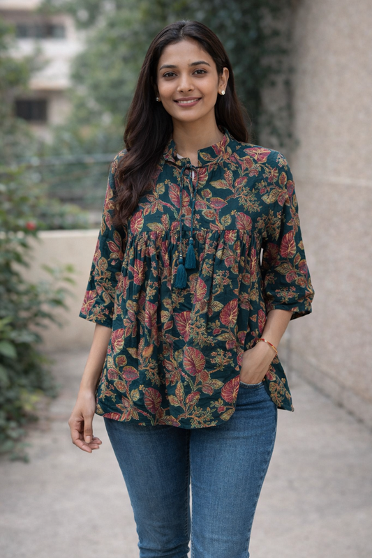 Forest Bloom Printed Tunic Top with Tassel Tie-Up Neck