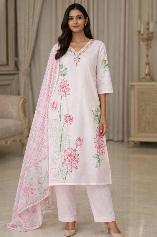 Baby Pink Cotton Lotus Print Kurti Set with Embroidered Neck & Printed Dupatta