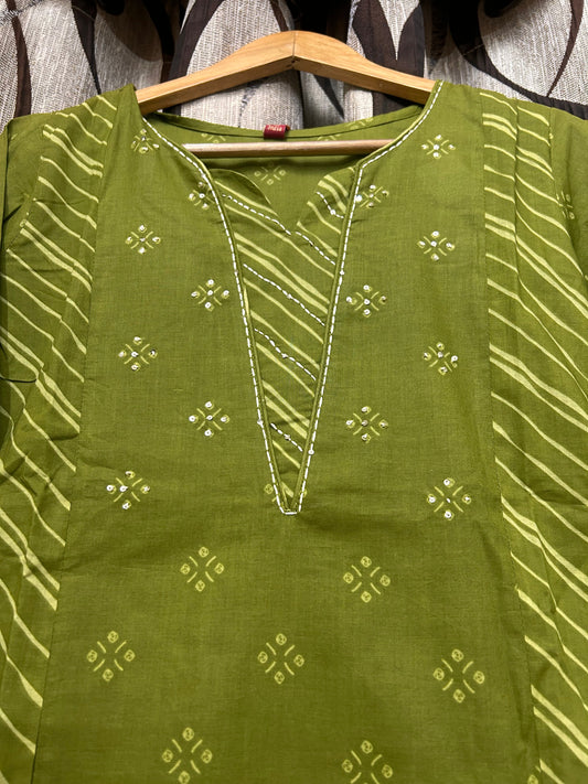 Olive Green Bandhani Leheriya 3-Piece Kurta Set with Dupatta | Coord Set