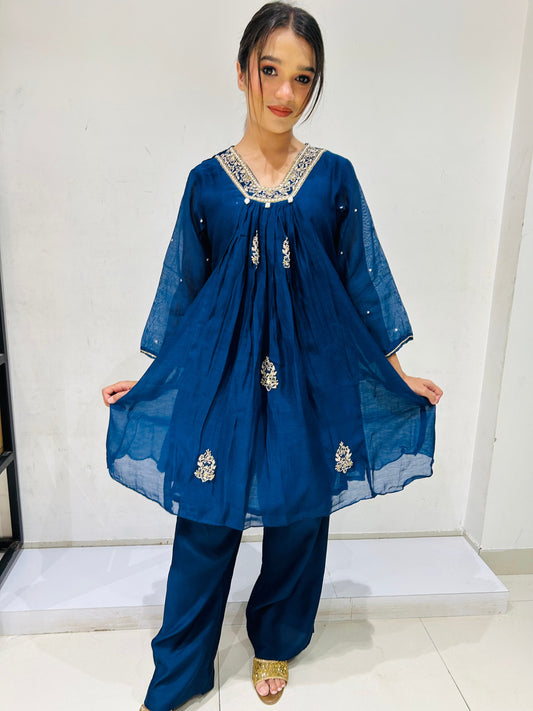 Teal Zari Embroidered Chinnon Coord Set