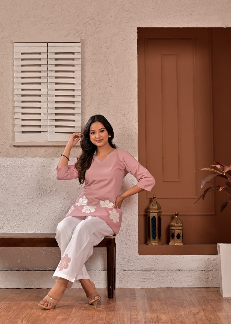 Blush Bloom Floral Appliqué Cotton Coord Set
