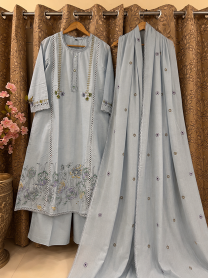 Powder Blue Floral Sketch Embroidered 3-Piece Cotton Kurta Set