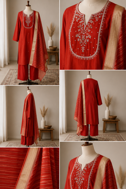 Rust Bloom — Embroidered Silk Kurta Set with Banarasi Dupatta