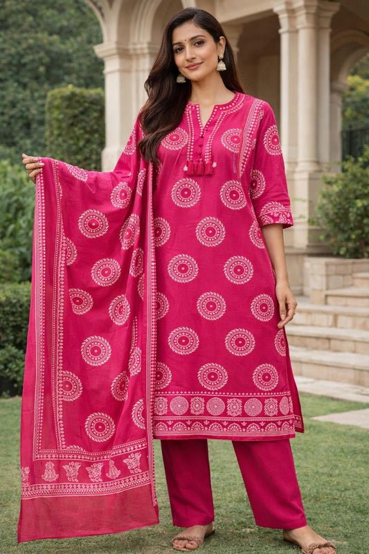 Rani Pink Medallion Block Print Kurta Set with Dupatta