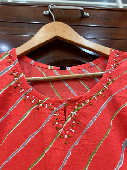 Coral Leheriya Kurti with Hand-Embellished Neckline
