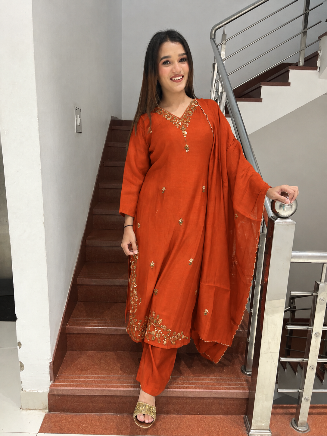 Rust Orange Muslin Kurta, Pant & Dupatta Set with Embroidery