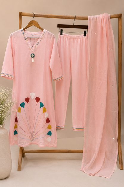 Blush Pink Motif Kurta Set with Dupatta | 3-Piece Ethnic Co-ord