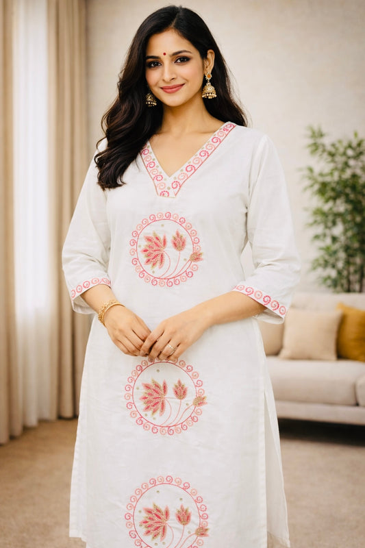 White Lotus Embroidered Straight Kurti
