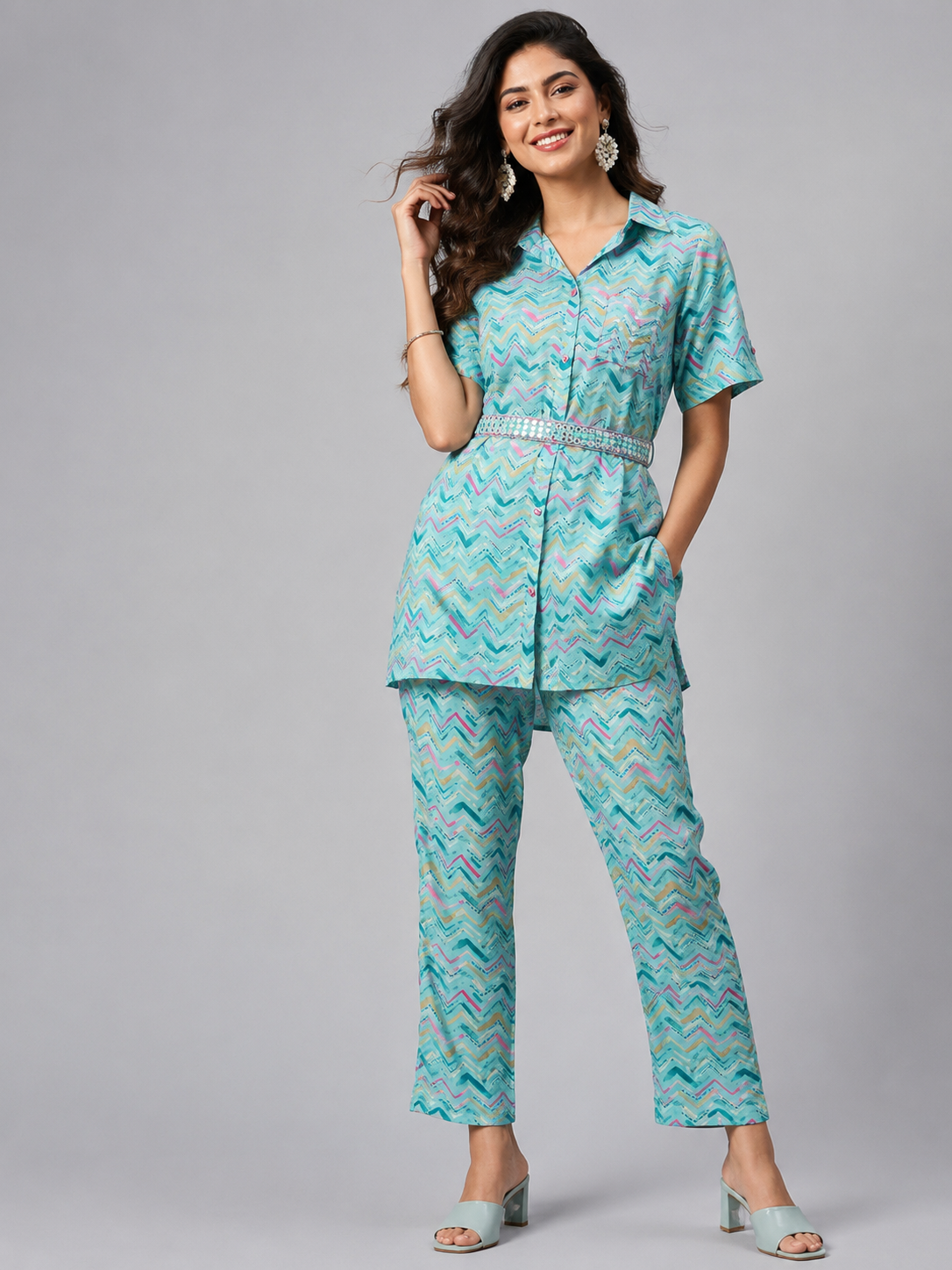 Teal Chevron Print Shirt & Trouser Co-ord Set with Embellished Belt