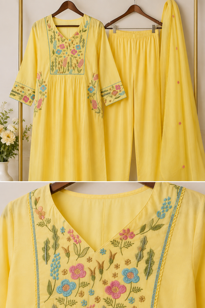 Yellow Floral Embroidered Anarkali Kurta Set with Dupatta
