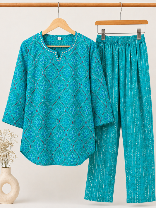 Teal Bandhani Ogee Coord Set with Mirror Work Neckline