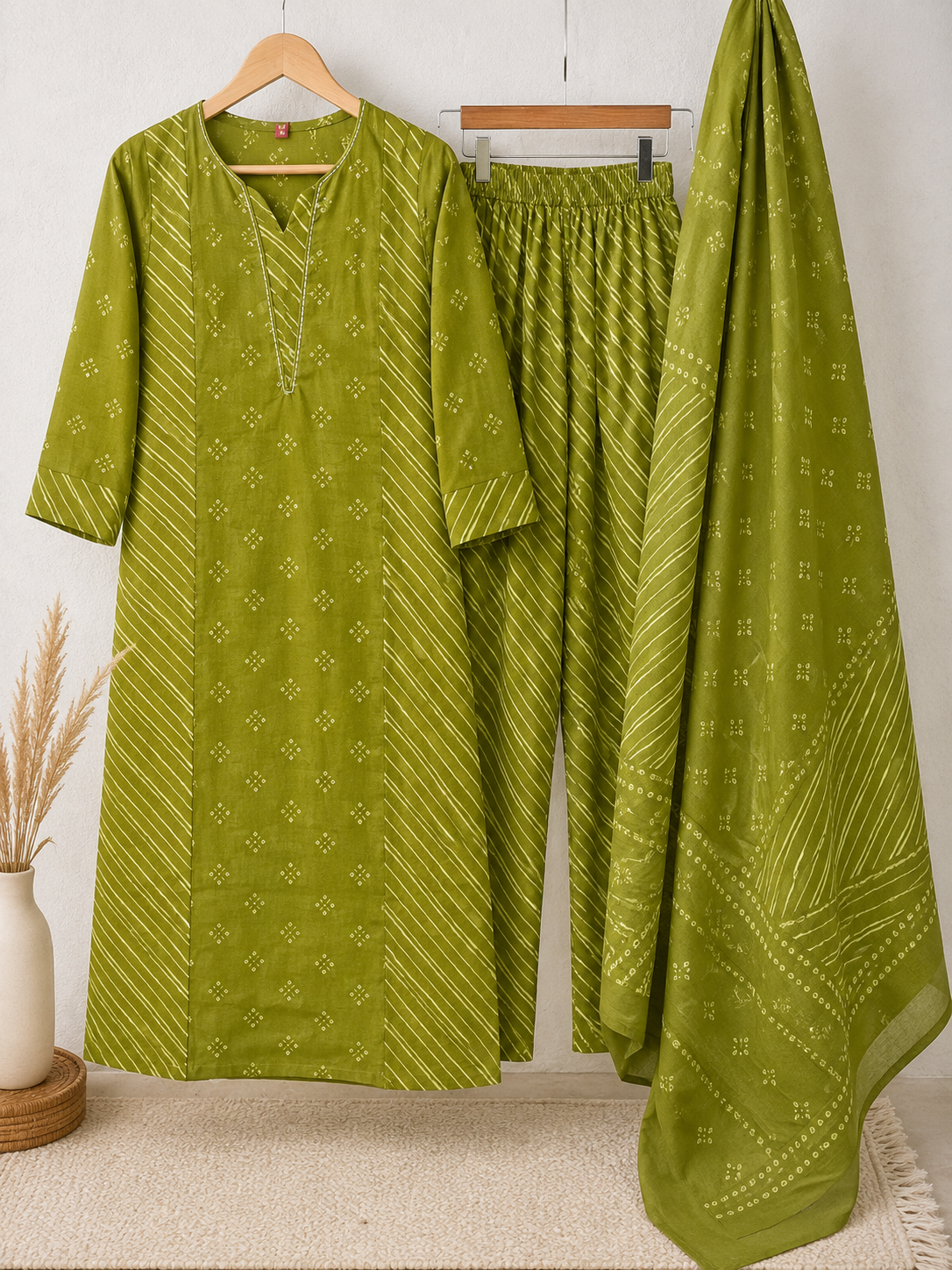 Olive Green Bandhani Leheriya 3-Piece Kurta Set with Dupatta | Coord Set