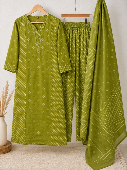Olive Green Bandhani Leheriya 3-Piece Kurta Set with Dupatta | Coord Set