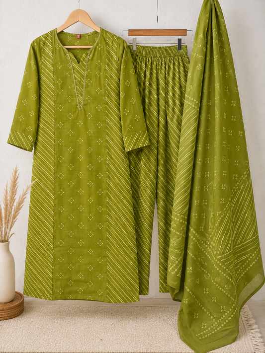 Olive Green Bandhani Leheriya 3-Piece Kurta Set with Dupatta | Coord Set