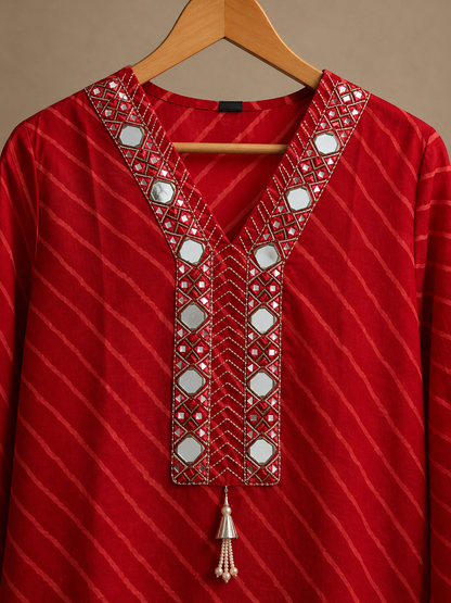 Red Leheriya Mirror Work Kurta Set with Palazzo & Dupatta
