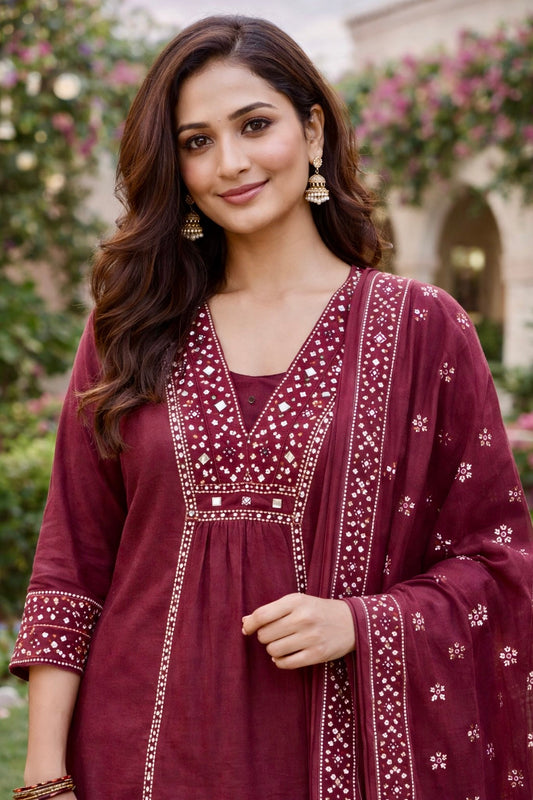 Deep Wine Cotton Mirror Anarkali Kurti Set with Dupatta