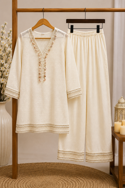 Ivory Shell & Pearl Coord Set – Cowrie Embellished Kota Kurta & Wide-Leg Palazzo