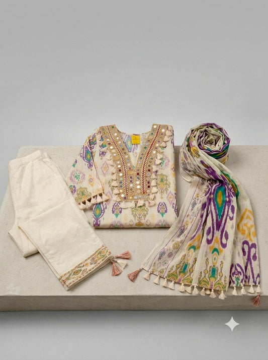 Ivory Ikat Mirror Work Kurta Set with Dupatta