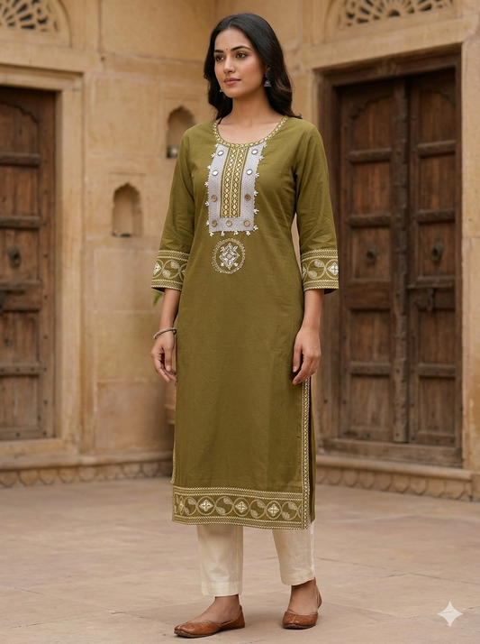 Olive Green Mirror Work Straight Kurti with Geometric Border