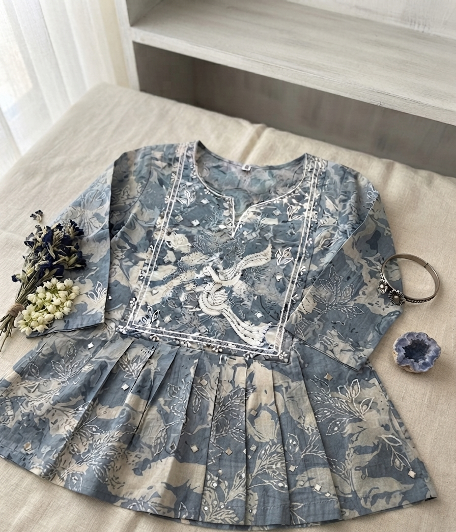 Misty Garden Embroidered Kurti in Slate Blue