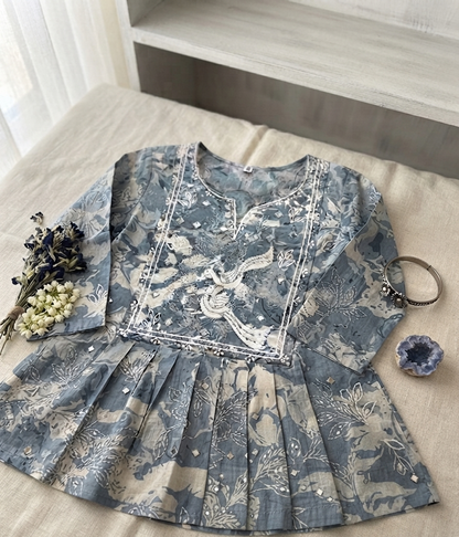 Misty Garden Embroidered Kurti in Slate Blue