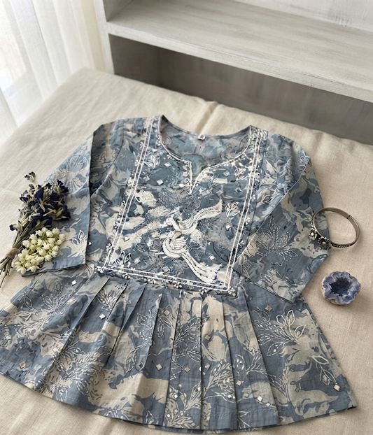 Misty Garden Embroidered Kurti in Slate Blue