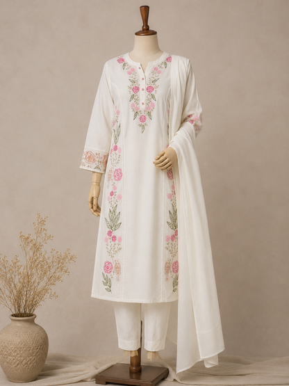 Ivory Garden — Floral Embroidered Kurta Set with Dupatta