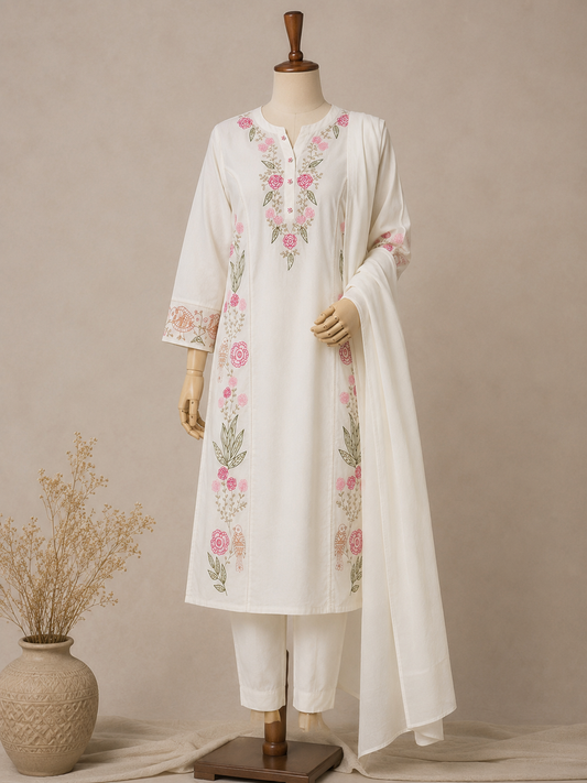 Ivory Garden — Floral Embroidered Kurta Set with Dupatta