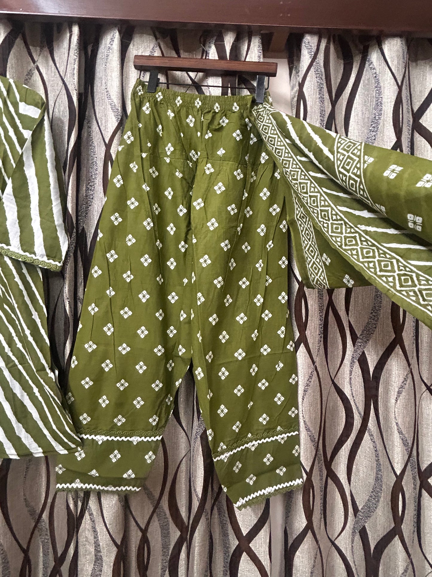 Olive Green Leheriya Kurta with Bandhani Afghani Pants & Dupatta