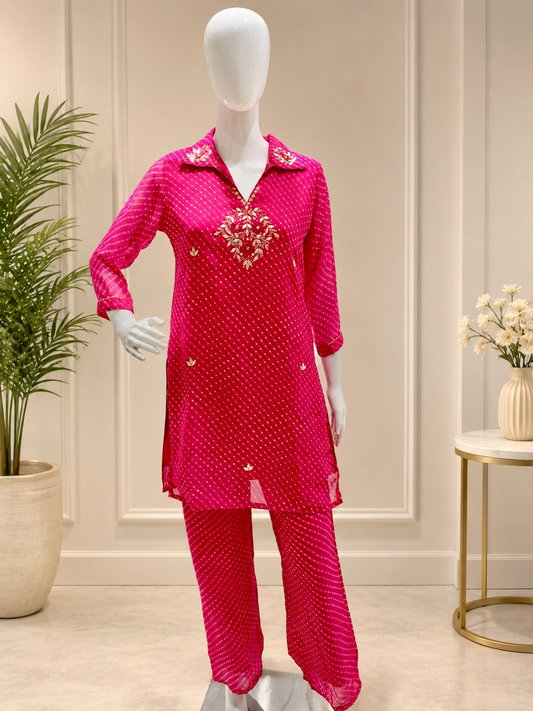 Rani Pink Bandhani Embroidered Coord Set