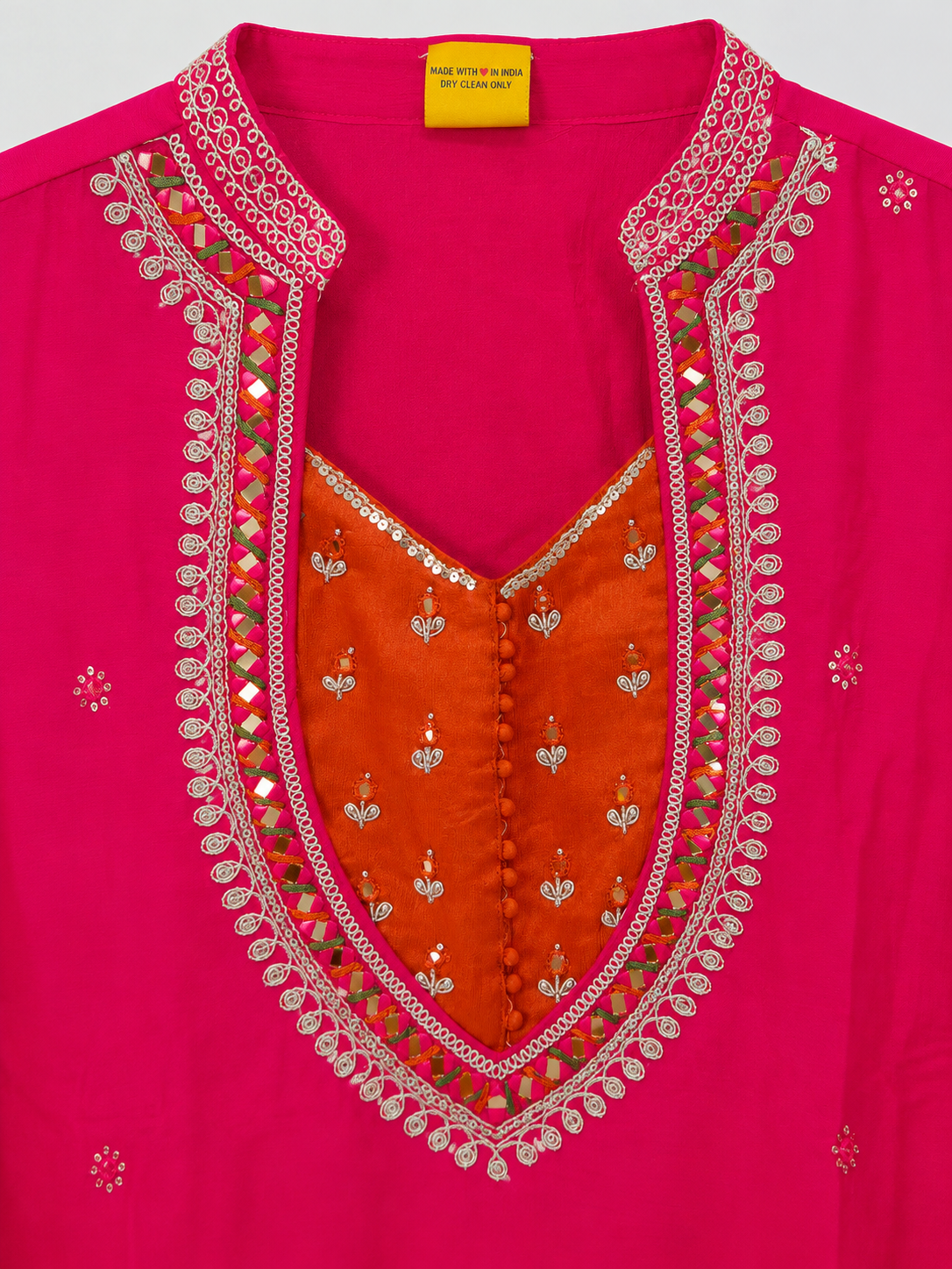 Rani Pink Embroidered Georgette Kurta Set | Contrast Rust Yoke | Palazzo & Dupatta