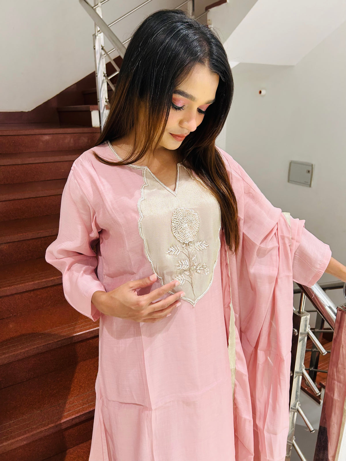 Blush Pink Zardozi Motif Mul Cotton 3-Piece Suit Set