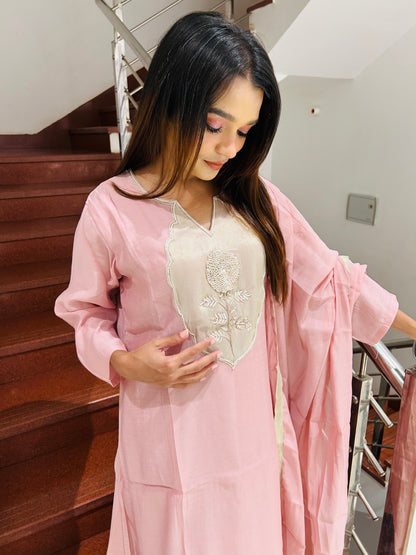 Blush Pink Zardozi Motif Mul Cotton 3-Piece Suit Set