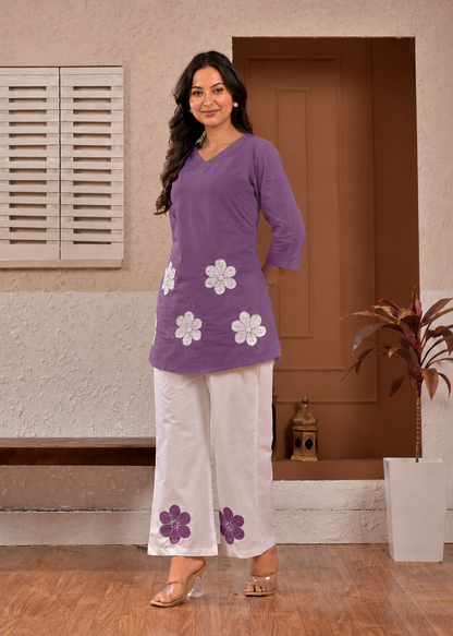 Mauve Bloom Floral Appliqué Cotton Coord Set