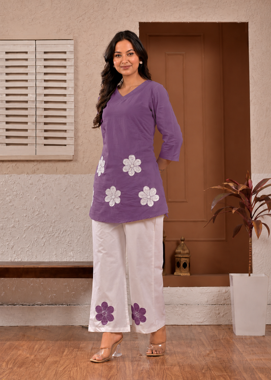 Mauve Bloom Floral Appliqué Cotton Coord Set