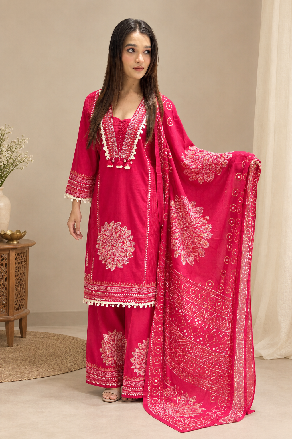 Model wearing a fuchsia floral kurta set with printed dupatta