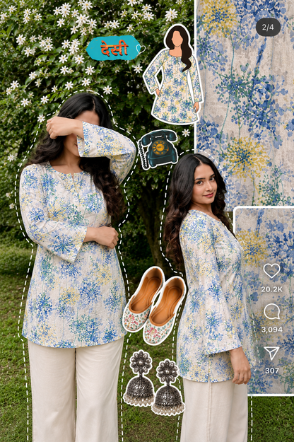 Wildflower Bloom Cotton Kurti — Blue & Green Floral Printyes