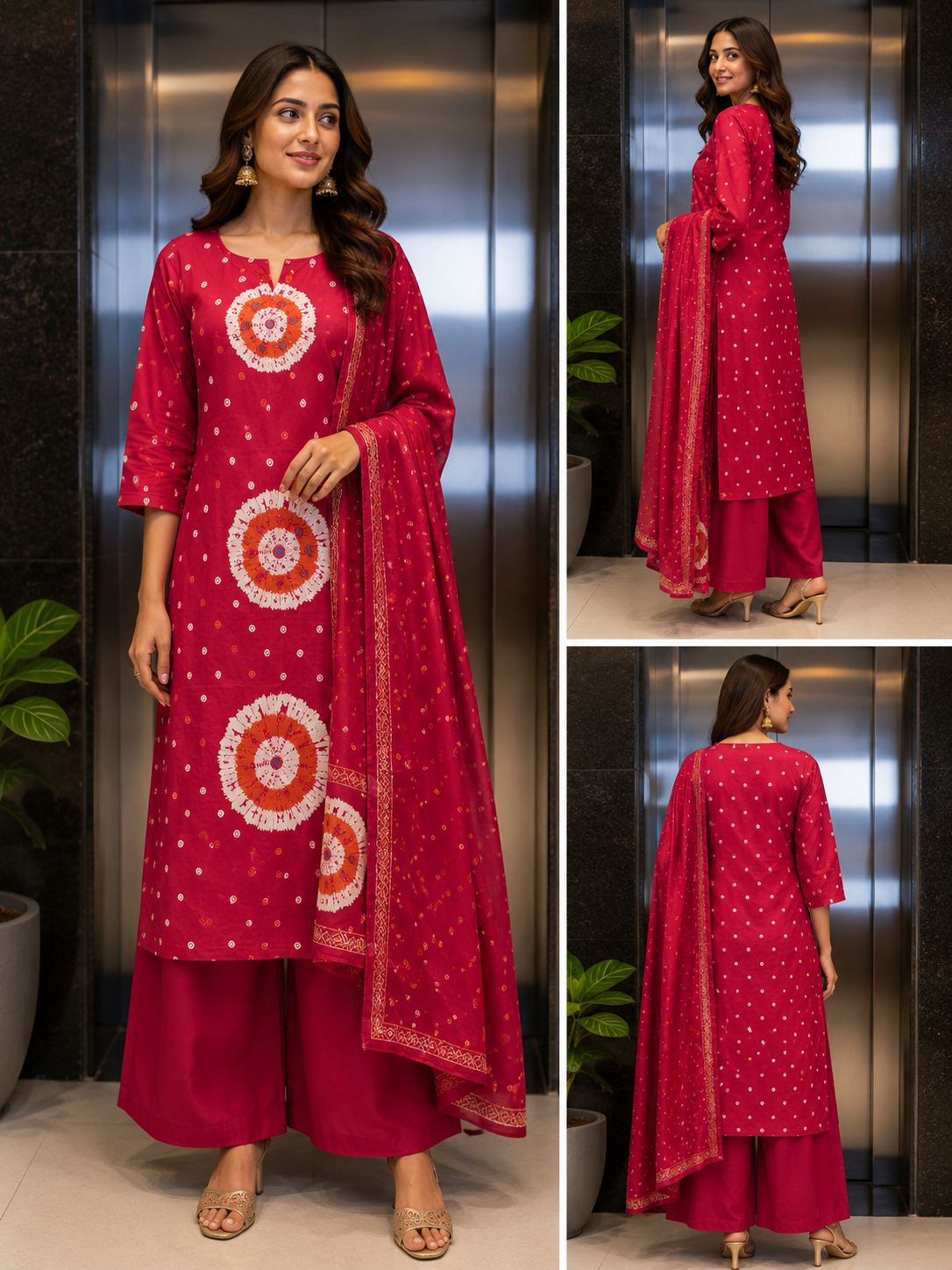 Red Bandhani Shibori Print Kurta Palazzo Set with Dupatta