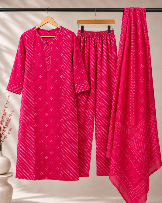 Rani Pink Bandhani Leheriya 3-Piece Kurta Set with Dupatta | Coord Set