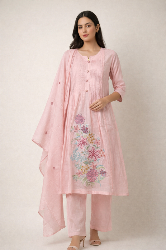 Pink Mulmul Cotton Floral Embroidered Kurta Set with Dupatta
