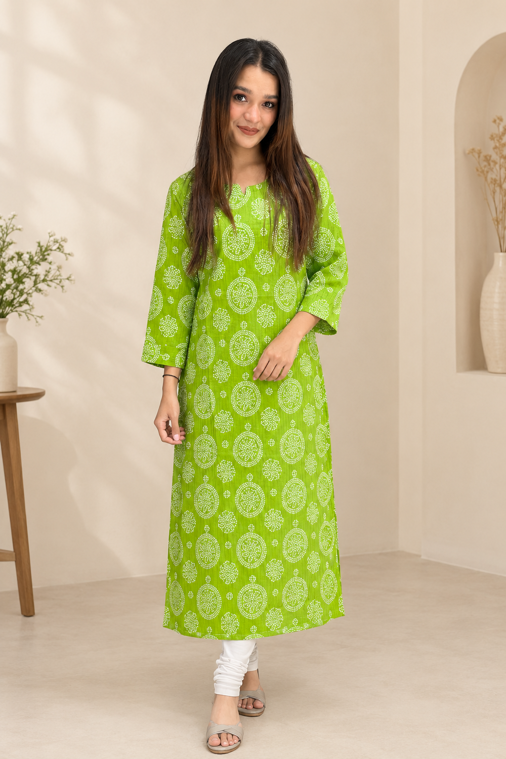 Green bandhani print cotton kurti close-up front detail