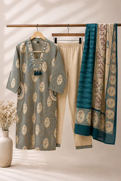 Teal Stripe Floral Block Print Pure Cotton Kurta Set with Dupatta | 3-Piece Coord Set