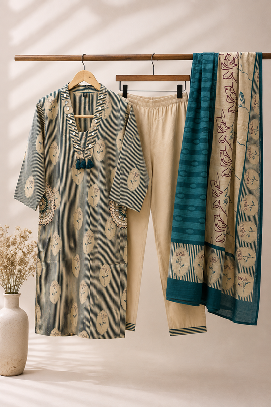 Teal Stripe Floral Block Print Pure Cotton Kurta Set with Dupatta | 3-Piece Coord Set
