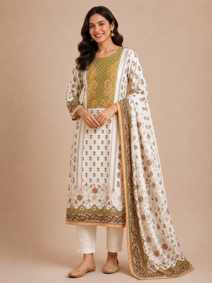 Ivory & Olive Floral Printed Poly Chinnon 3-Piece Suit Set