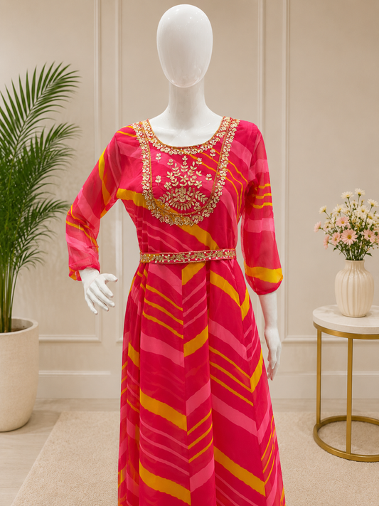 Rani Pink Leheriya Embroidered Anarkali Gown with Belt