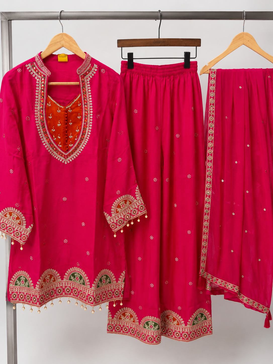 Rani Pink Embroidered Georgette Kurta Set | Contrast Rust Yoke | Palazzo & Dupatta